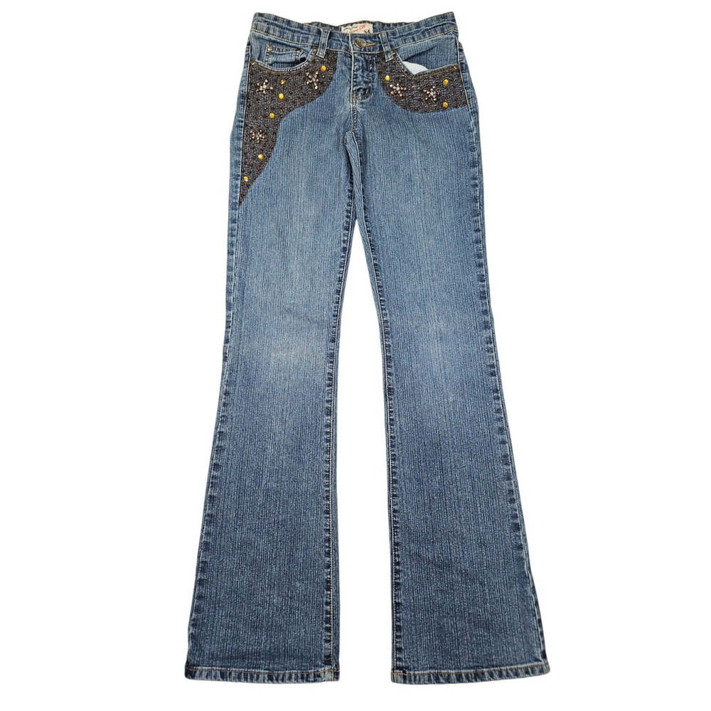 VTG Jeans D Y2K Low Rise Flare Jeans Beaded Embellished Denim Blue Sz 3